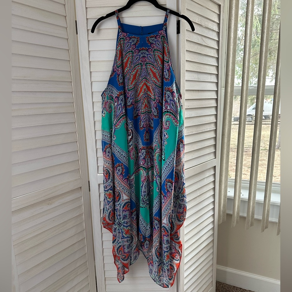 MSK Boho Handkerchief Paisley Blue & Teal Halter Dress, Size 12